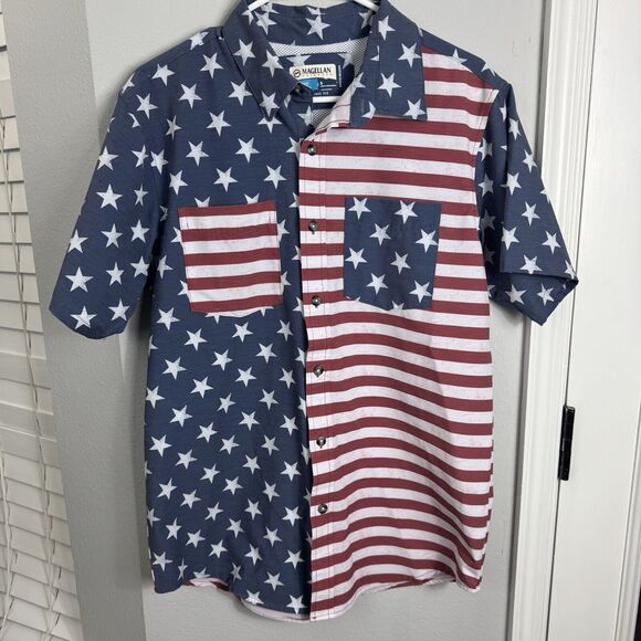 Magellan Relaxed Fit Shirt Men Small White US Flag Vented Short‎ Sleeve Fishing - Picture 2 of 9